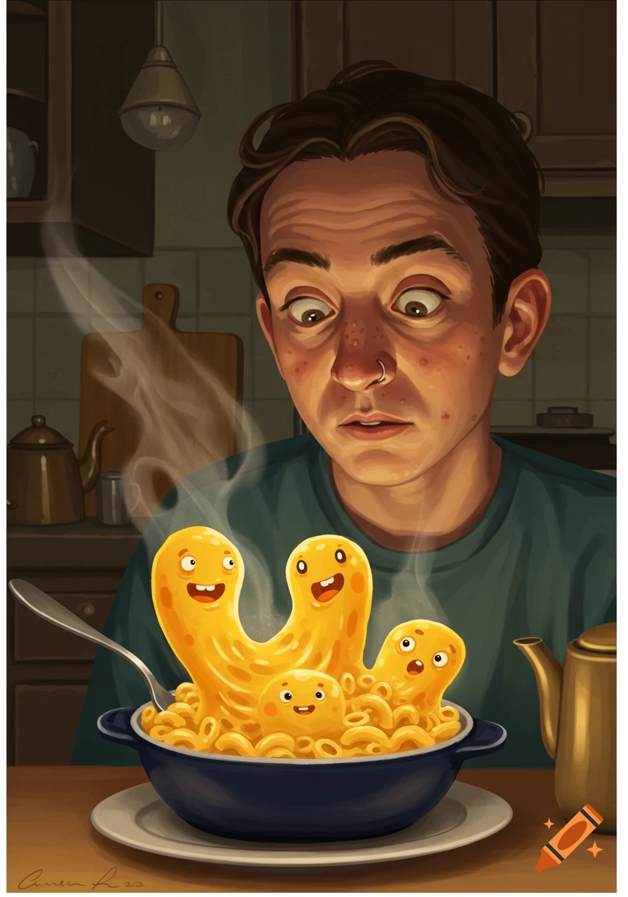 A wide-eyed person looks at a steaming bowl of macaroni and cheese with smiling, anthropomorphic cheese blobs.