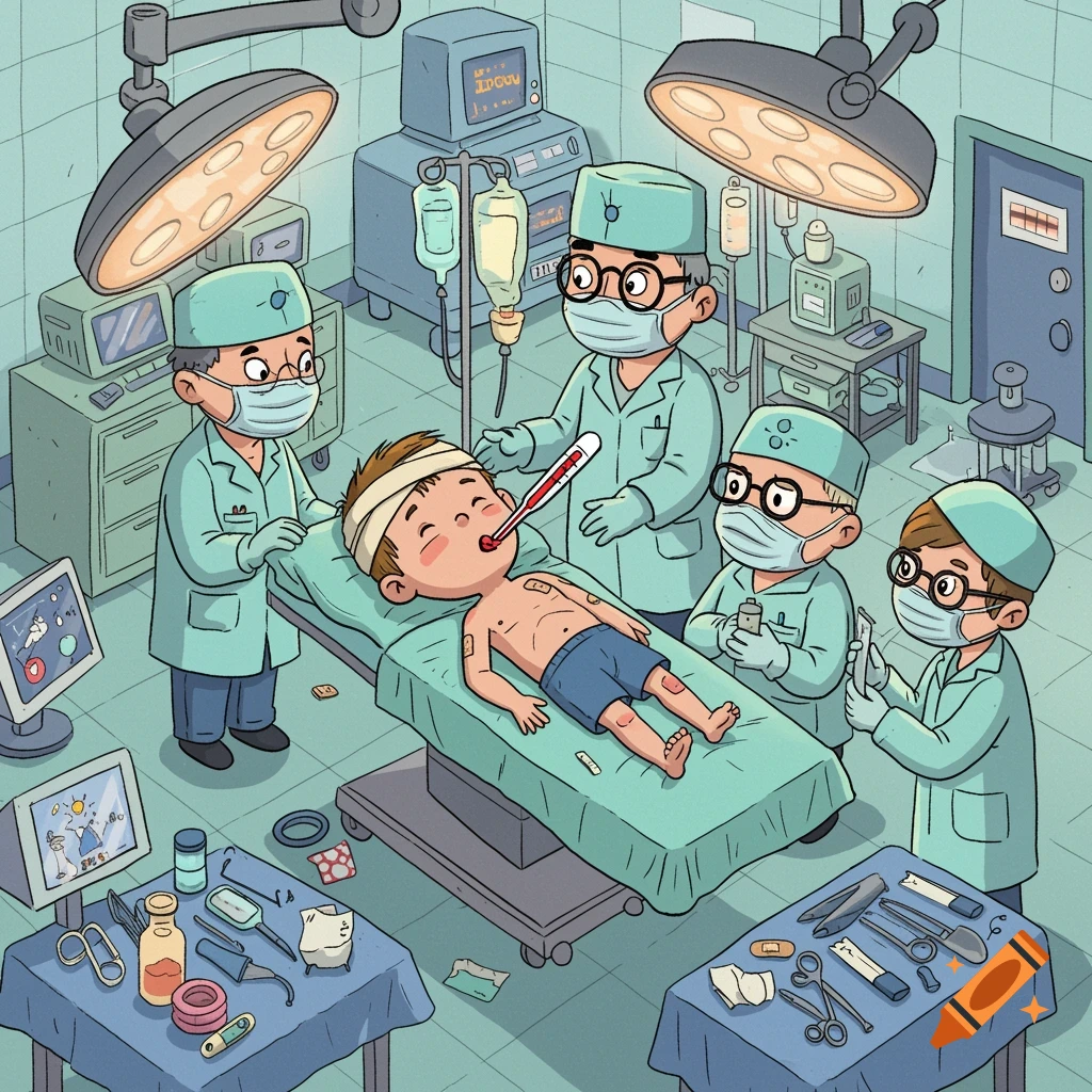 A cartoon illustration of four doctors in a hospital room examining a boy with a head bandage and a thermometer in his mouth on an operating table.