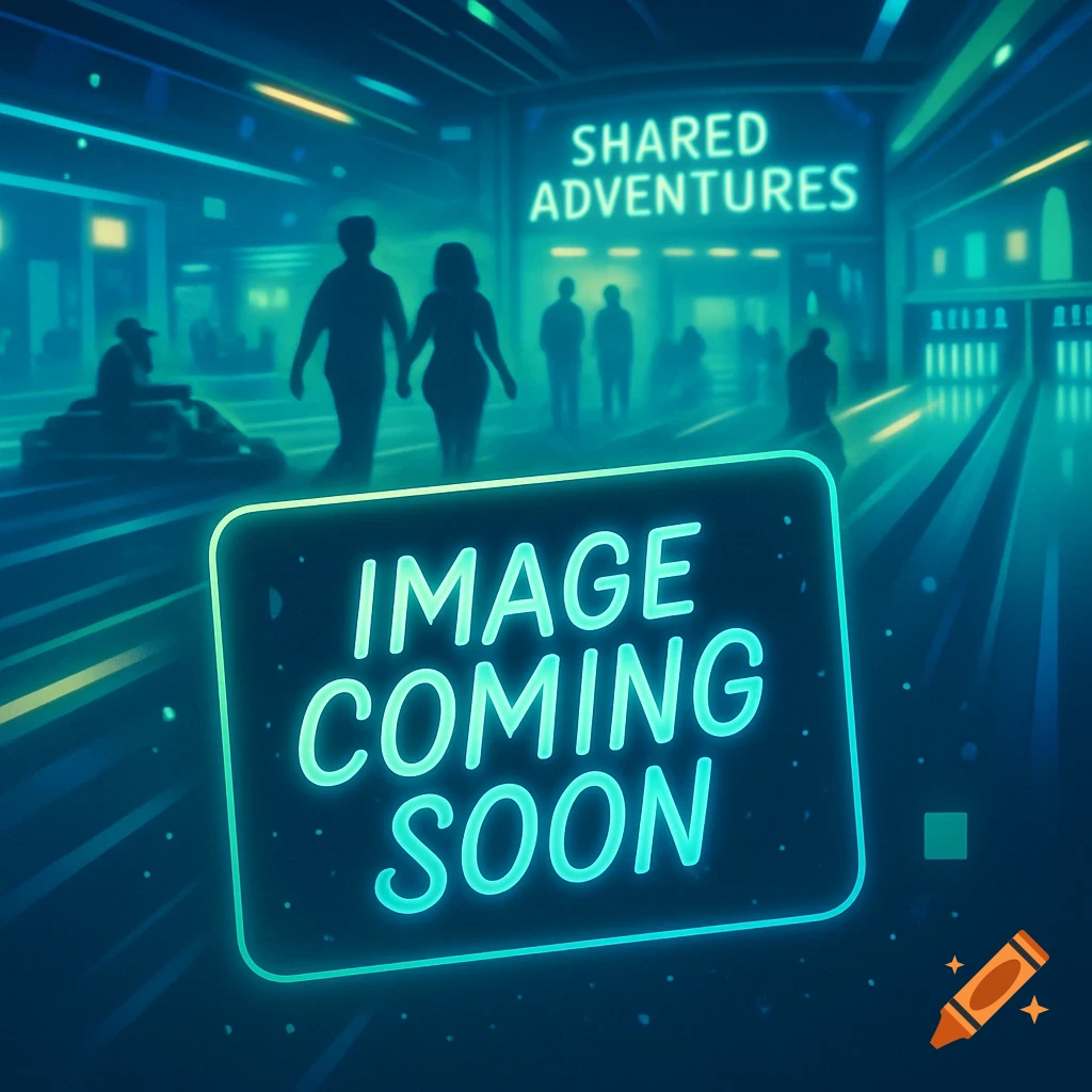 Neon-lit scene of an entertainment venue with silhouettes of people, featuring signs that read 'IMAGE COMING SOON' and 'SHARED ADVENTURES'.