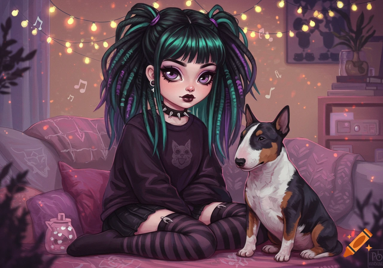 A stylized pastel goth girl with black, green, and purple dreadlocks sits on a couch next to a tricolor Bull Terrier dog, with fairy lights in the background.