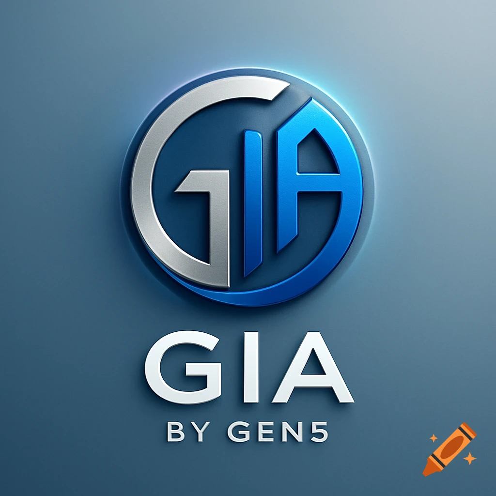 A modern 3D metallic and blue logo for GIA by Gen5, with stylized letters GIA within a circular design above the text GIA BY GEN5.