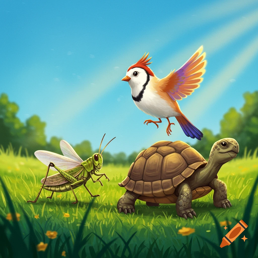 A colorful illustrated bird flies above a green grasshopper and a walking turtle in a sunny field.