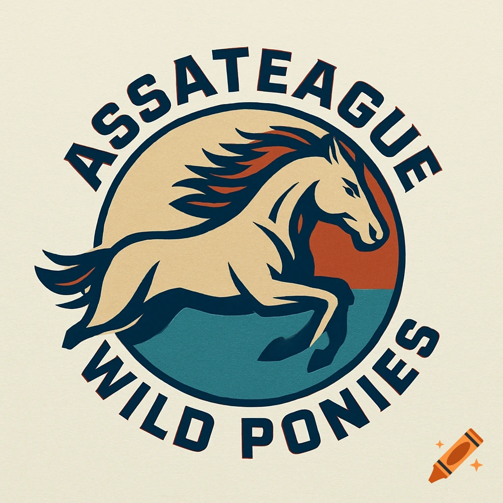 A circular logo with a stylized running wild pony, and text 'ASSATEAGUE WILD PONIES' in a retro graphic style.