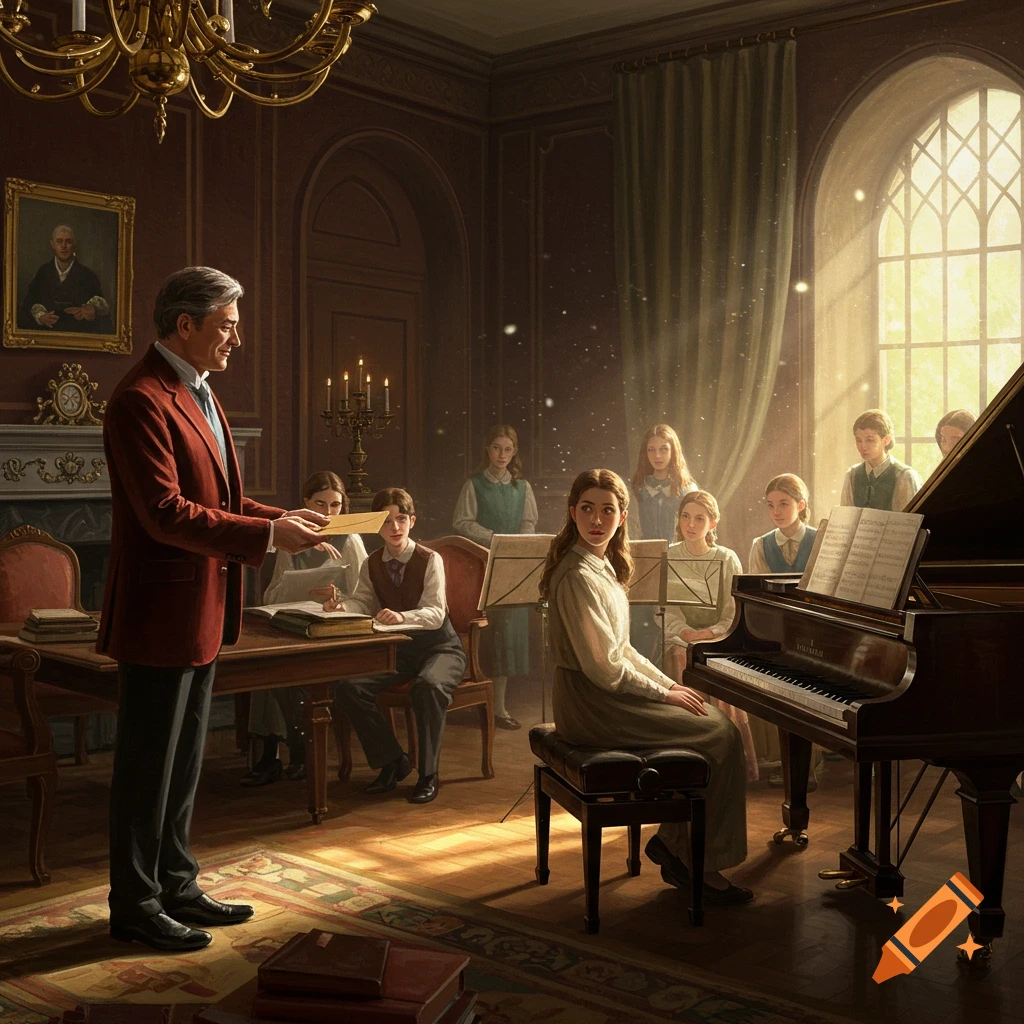 A man in a red jacket presents something to students in a grand, sunlit music room. A girl plays piano while others observe.