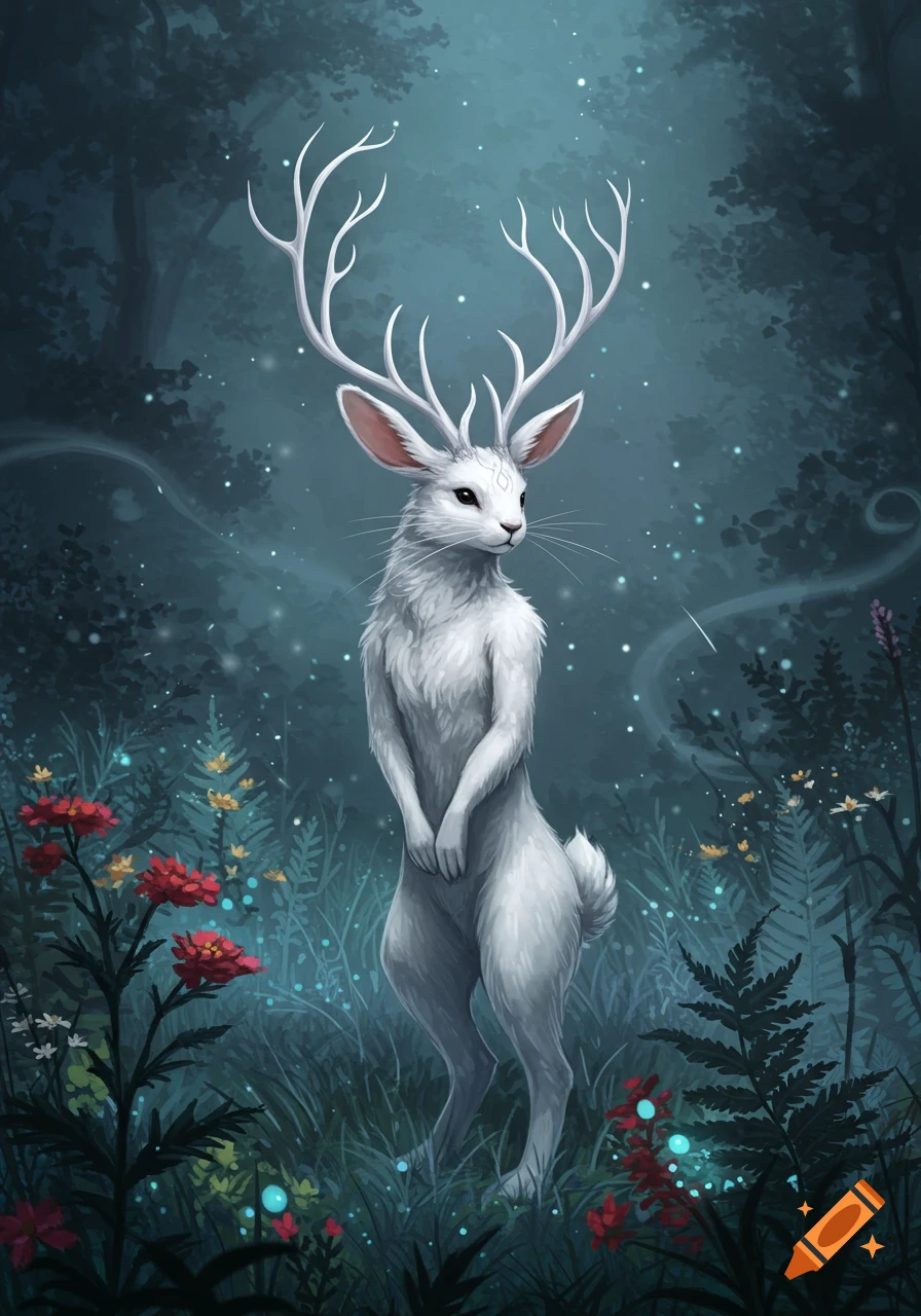 A white jackalope-like creature with large antlers stands upright in a magical, glowing forest.