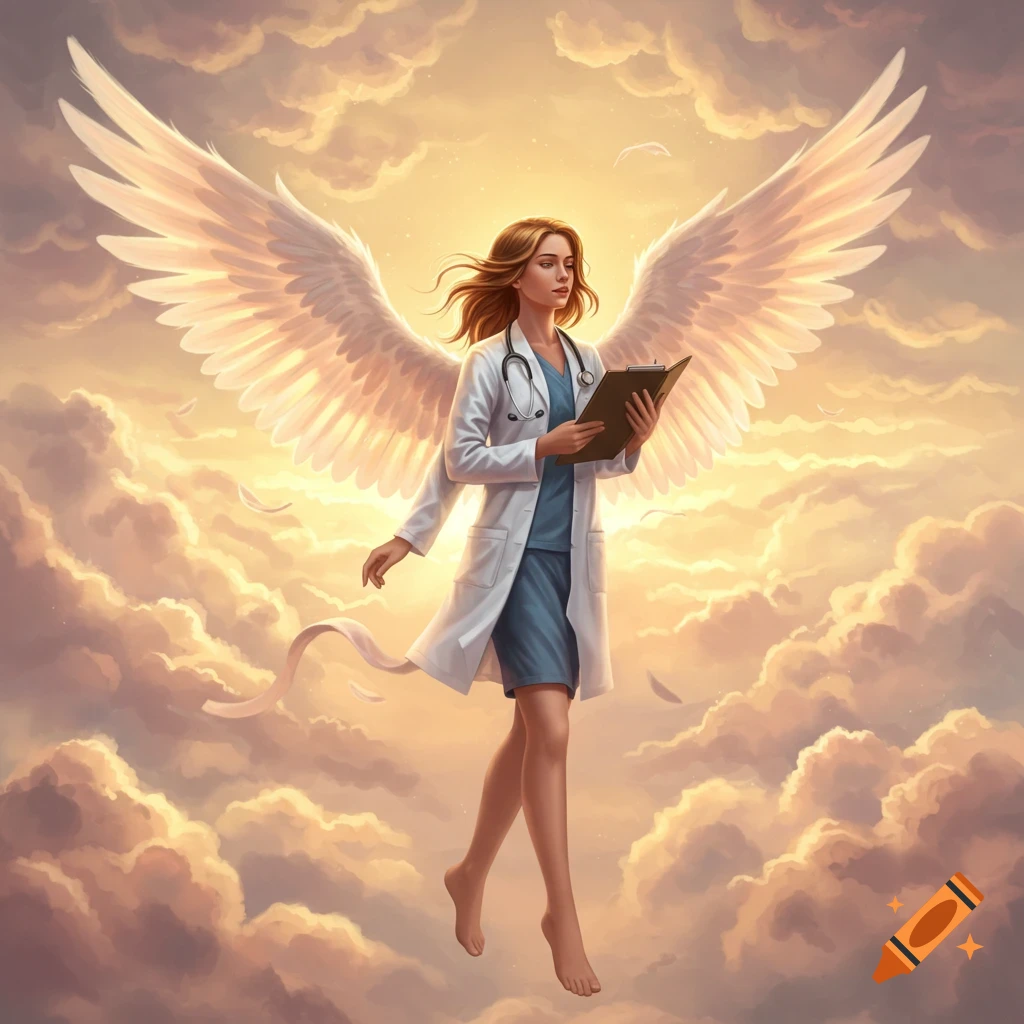 A beautiful female doctor with large white wings floats in a golden, cloudy sky, holding a clipboard.