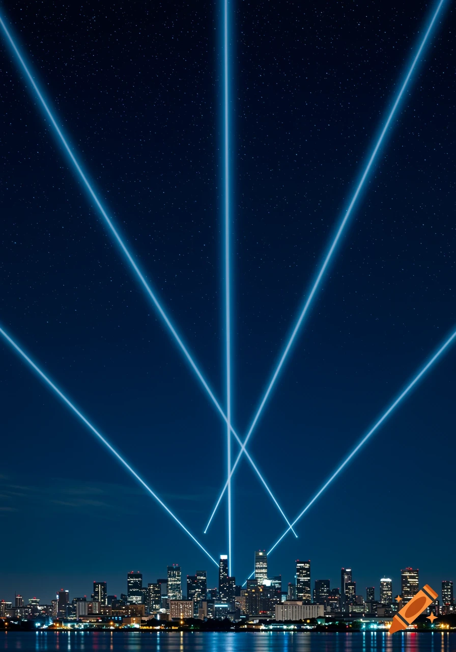 A night sky with bright blue searchlight beams over a city skyline reflecting in the water.