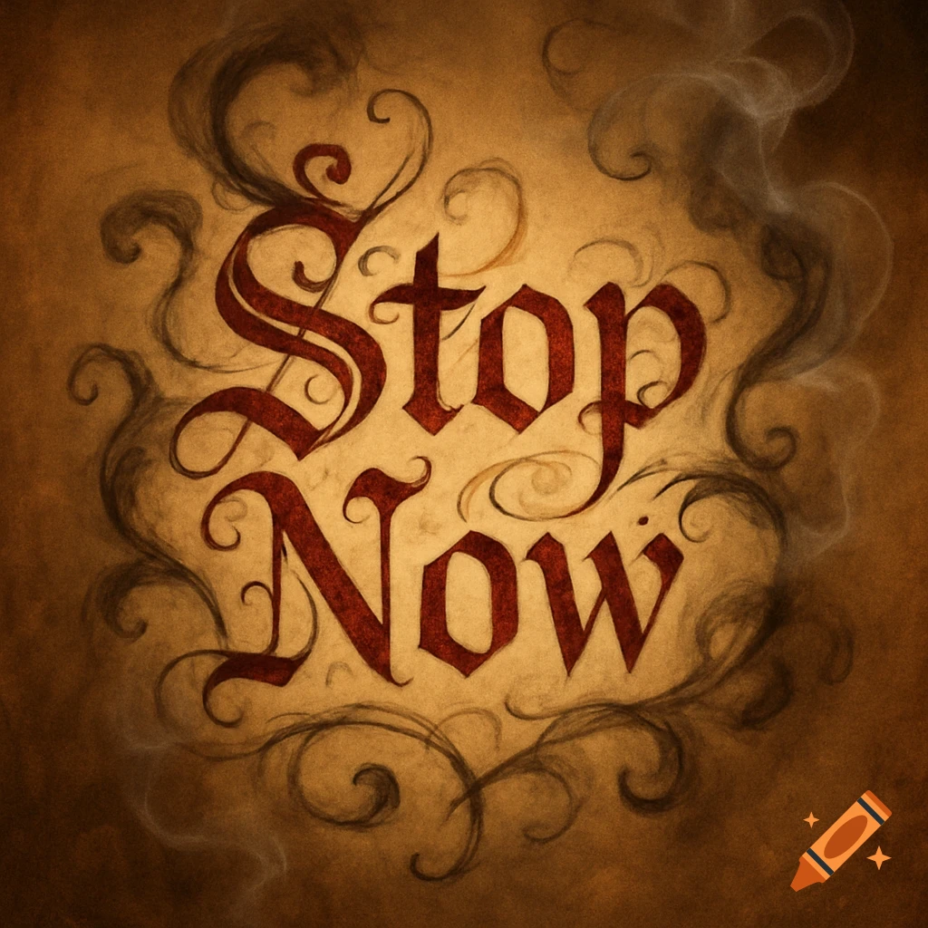 The words 'Stop Now' in red gothic font on a textured brown background with dark, smoky swirls.