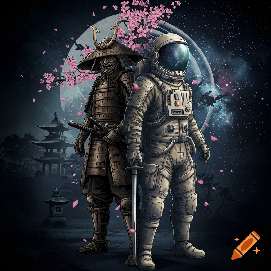 Illustration of a samurai and an astronaut standing side-by-side with cherry blossoms and a Japanese pagoda in the background.