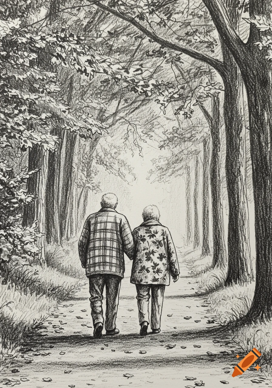 A black and white sketch of an elderly couple holding hands, walking away down a forested path.