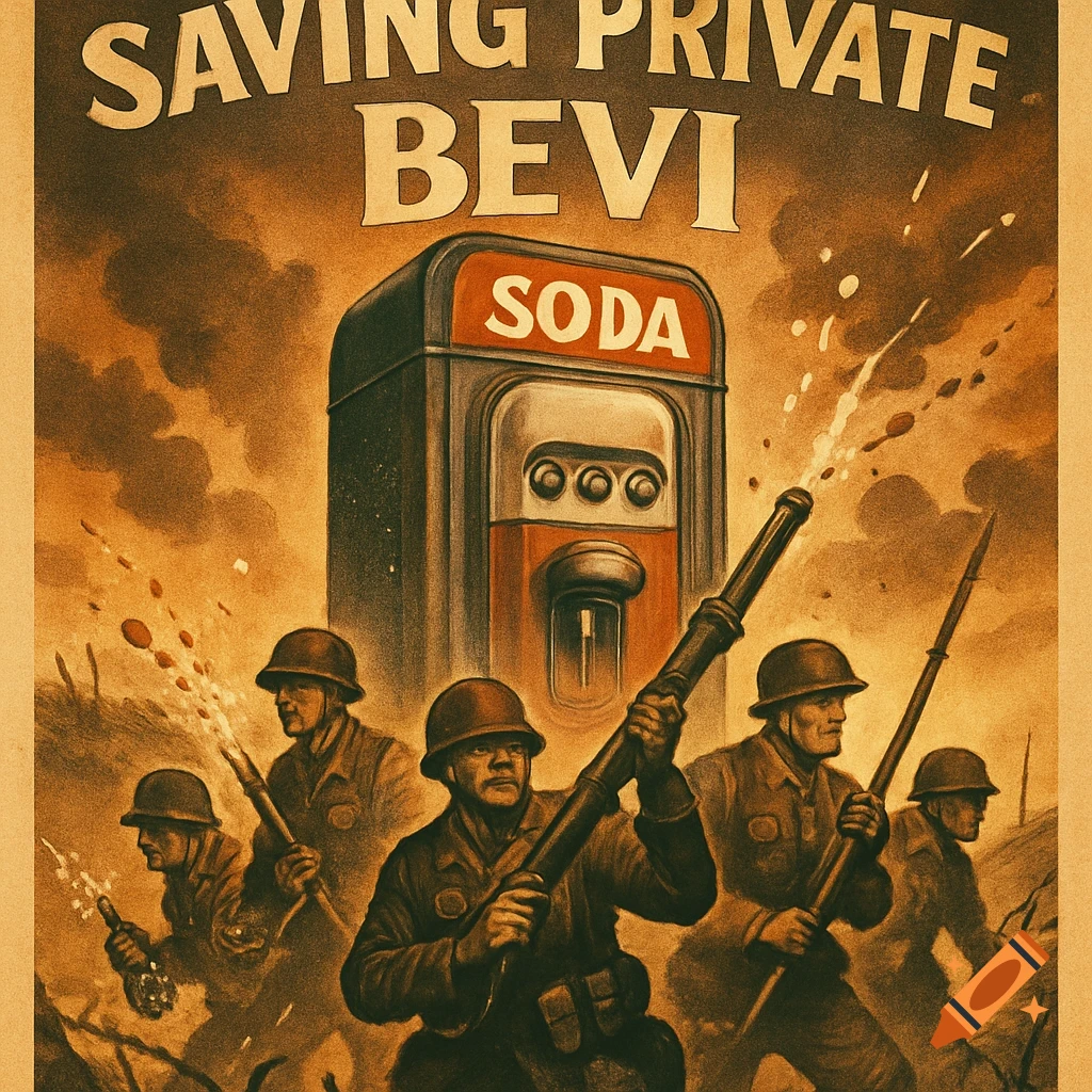 Vintage-style movie poster parodying 'Saving Private Ryan' with soldiers protecting a soda machine, text reads 'Saving Private Bevi' and 'Soda'.