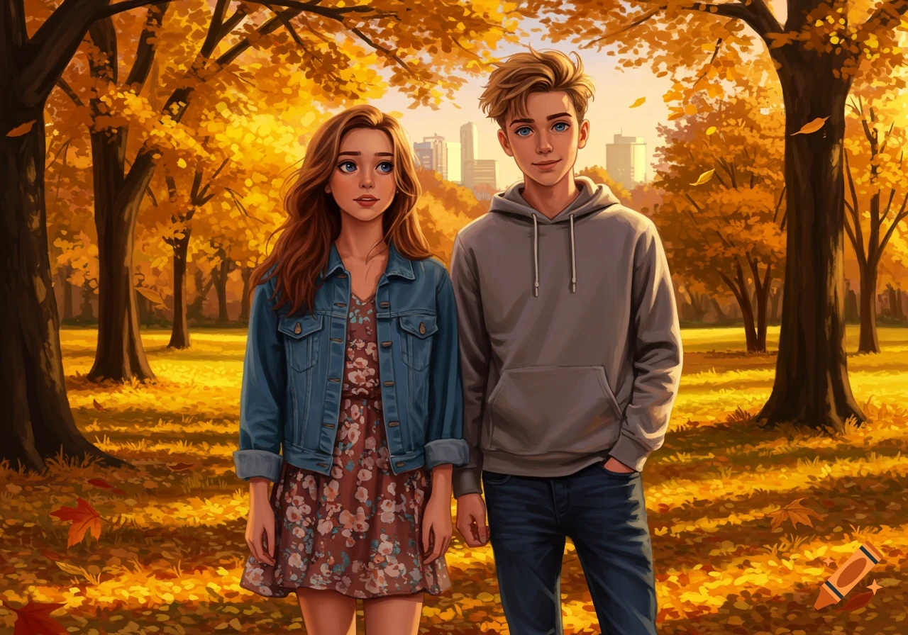 Illustrated depiction of a young man and woman standing in an autumn park with golden trees and city buildings in the background.