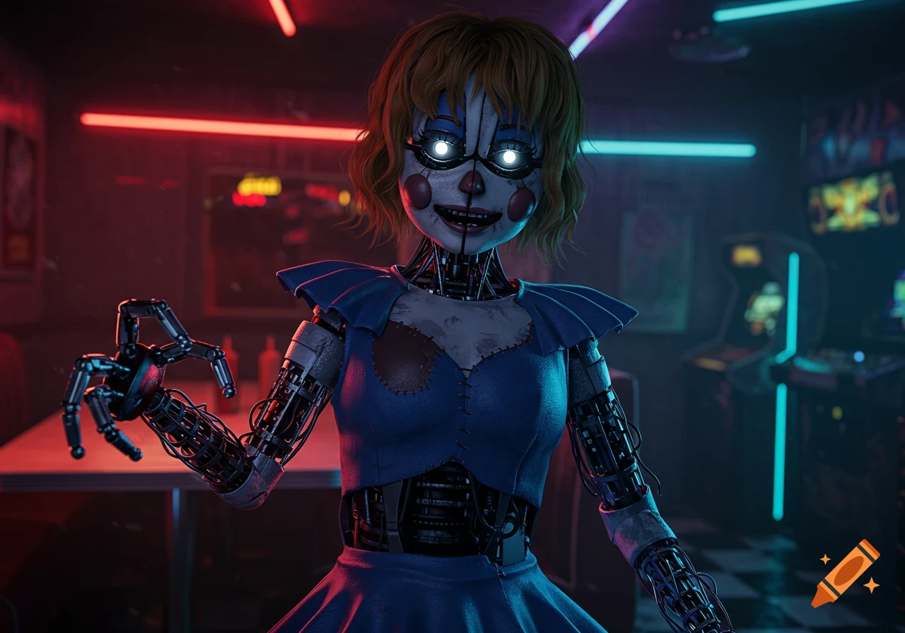 A creepy animatronic character with glowing white eyes and a blue dress stands in a neon-lit arcade or diner.