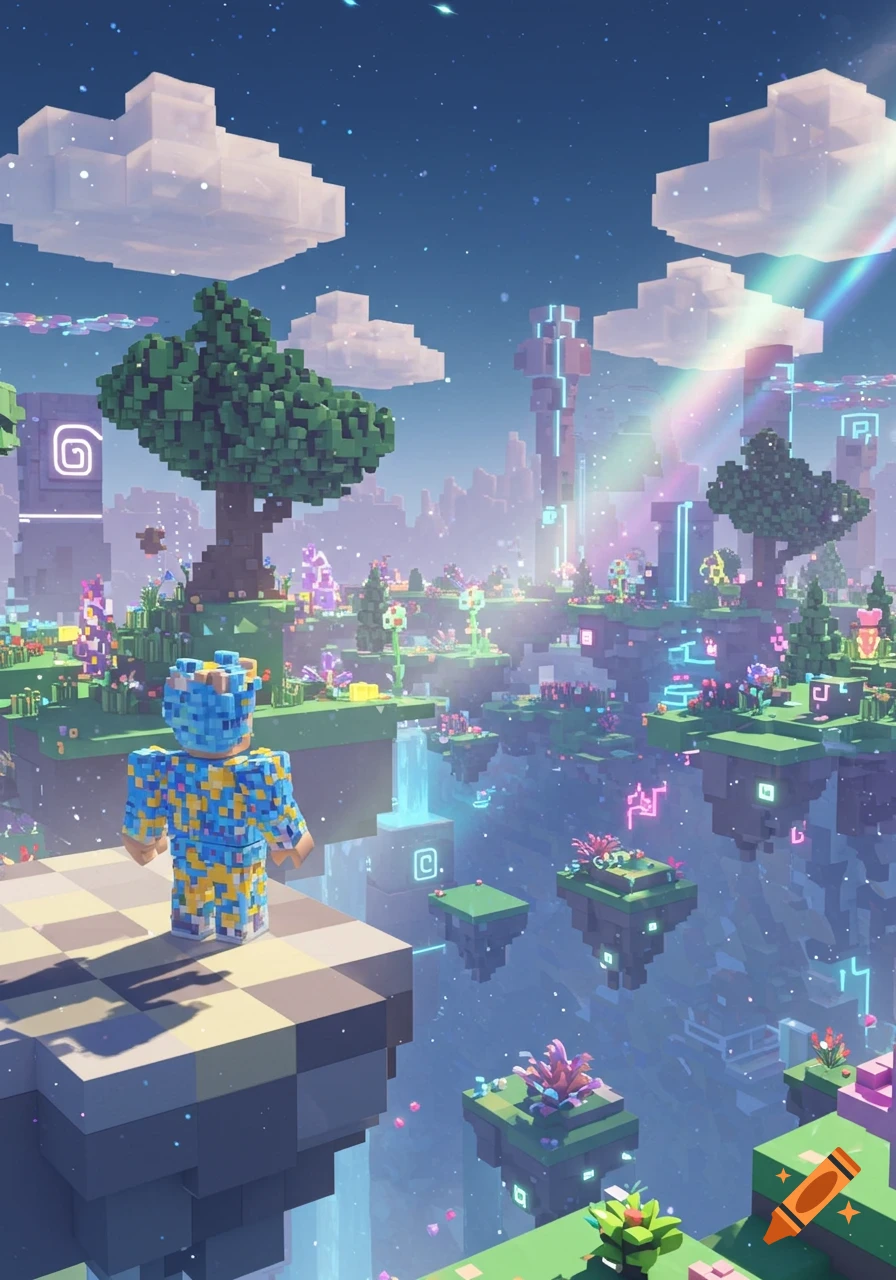 A blocky character in blue and yellow stands on a floating checkered island in a vibrant, futuristic voxel world with glowing plants, structures, and rainbow light.