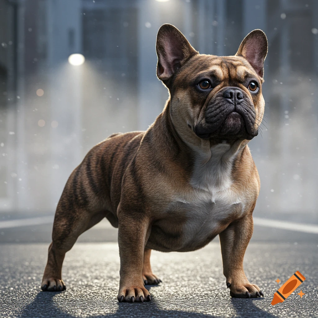 A muscular brown French Bulldog stands on a wet asphalt street under streetlights.