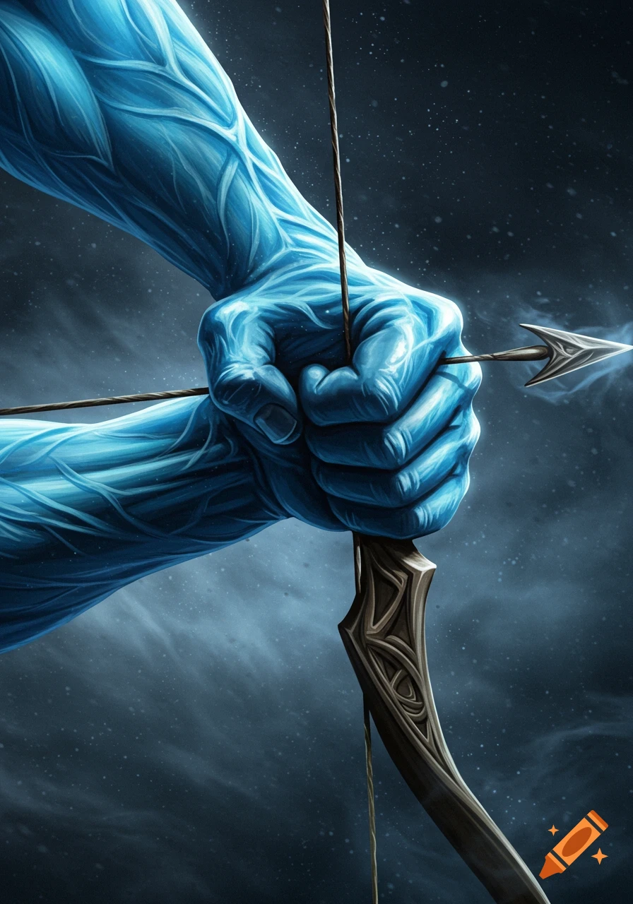 A blue, muscular arm holds a bow and arrow against a dark, starry background, in a fantasy art style.