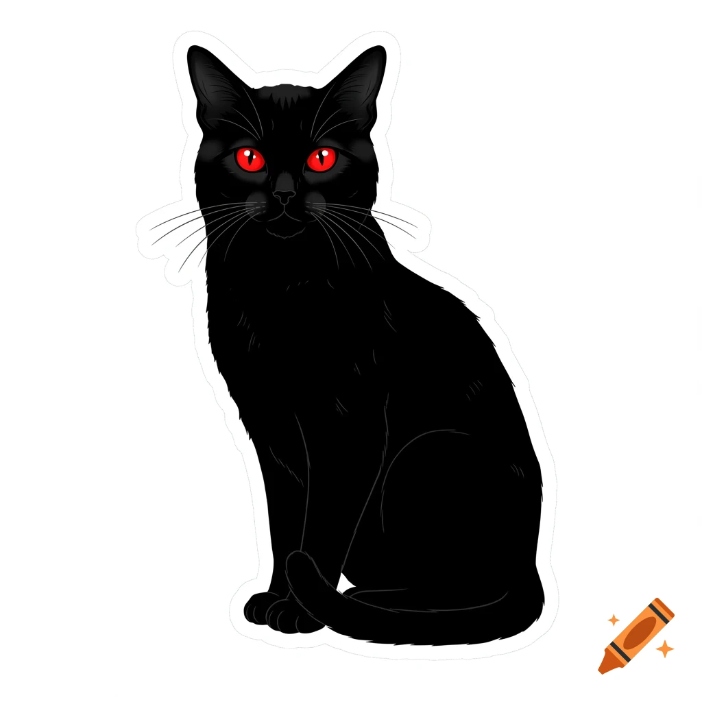 A minimalist illustration of a sitting black cat with glowing red eyes, designed in a clean sticker style.