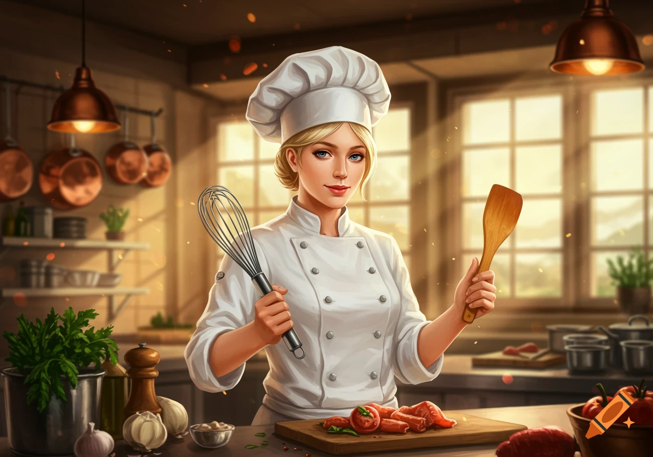 A blonde female chef in a white uniform holding a whisk and spatula in a rustic kitchen.