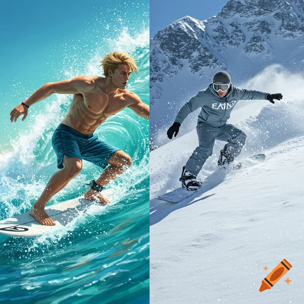 A split image showing a male surfer on a wave in an illustrative style on the left, and a male snowboarder on a snowy mountain in a photorealistic style on the right.