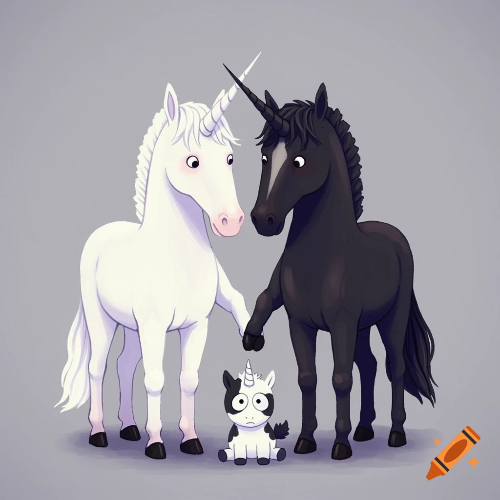 A white unicorn and a black unicorn hold hooves next to their baby piebald unicorn in a cartoon style.