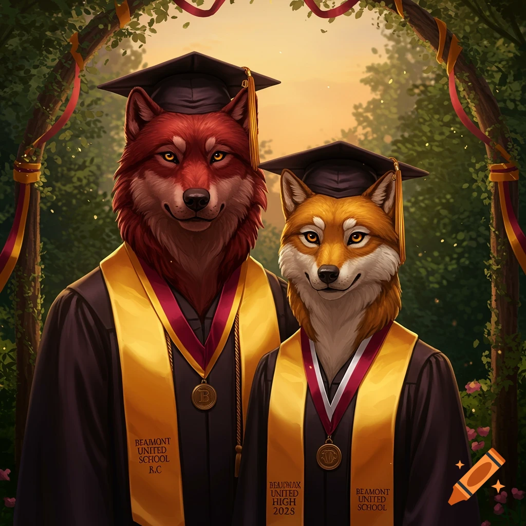 Two anthropomorphic wolves, one red and one golden, wear graduation caps and gowns with gold sashes and medals, standing under a leafy archway.