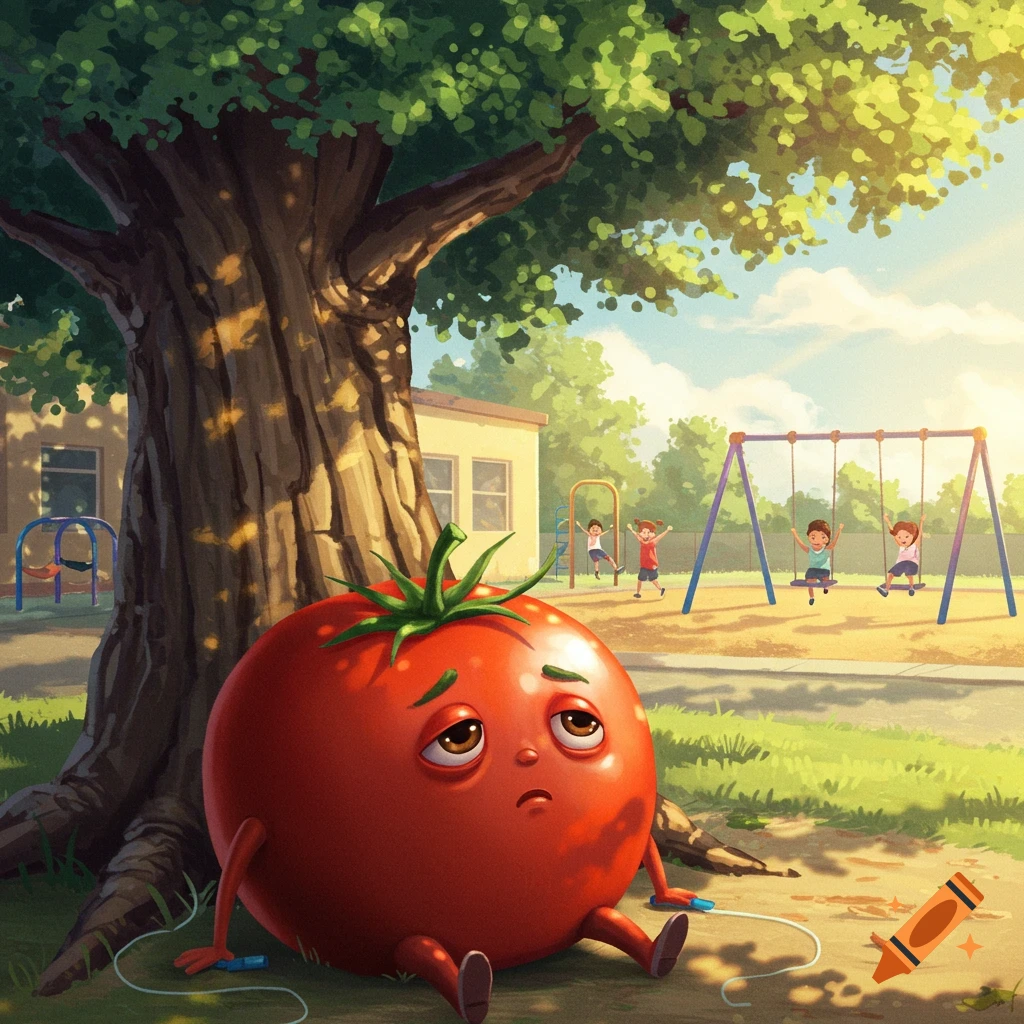 A sad anthropomorphic tomato sits under a tree at a sunny playground, watching children on swings.