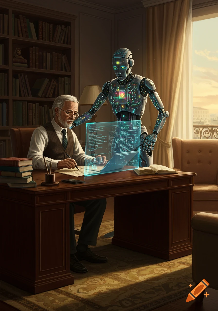 A photorealistic image of an old man and a robot viewing a glowing holographic screen in a study. The man writes at a wooden desk.