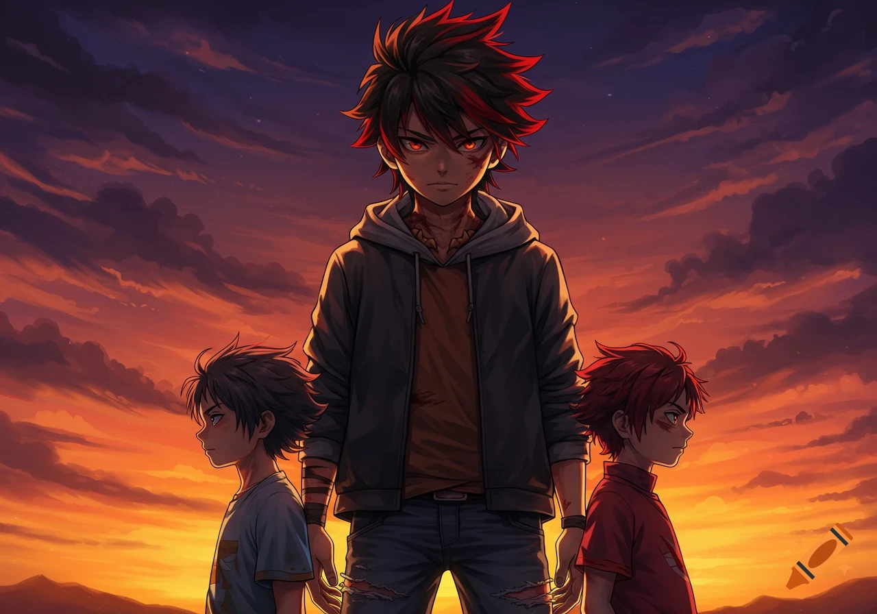 Three anime-style boys against a dramatic sunset, with the older boy having red eyes and red-streaked hair, protecting two younger boys.
