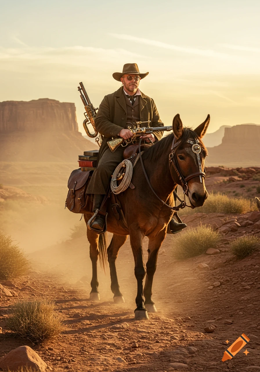 A man in a cowboy hat and coat rides a mule through a dusty desert landscape with mesas, carrying steampunk-style guns at sunset.