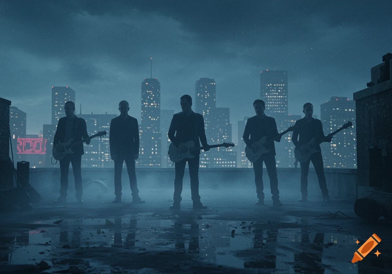 Silhouetted band members holding guitars on a rooftop overlooking a misty cityscape at night.