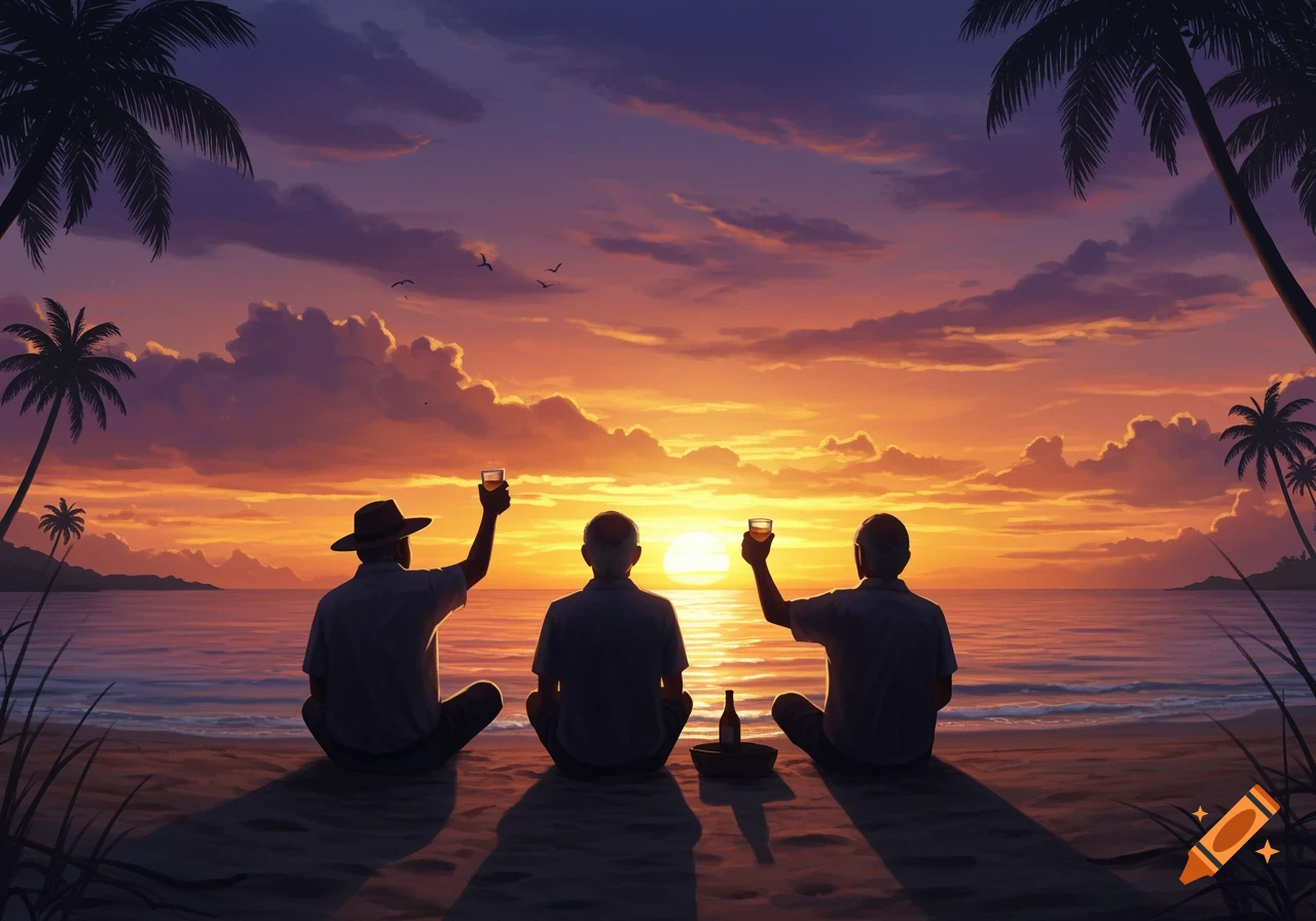 Three men in silhouette sit on a beach at sunset, raising drinks. Palm trees frame the colorful sky and ocean.