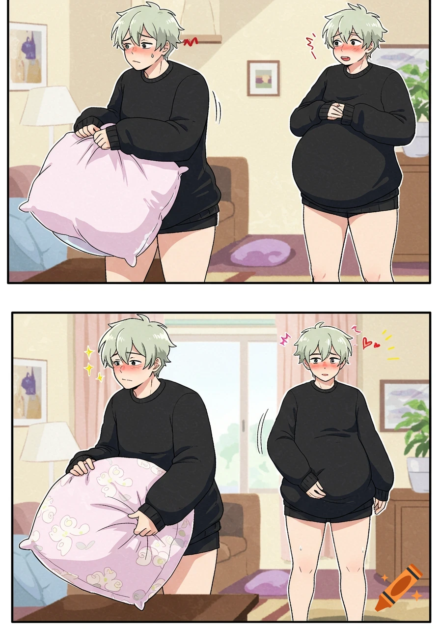 An anime character stuffs a pink pillow under his black sweater to simulate pregnancy in a two-panel comic strip.
