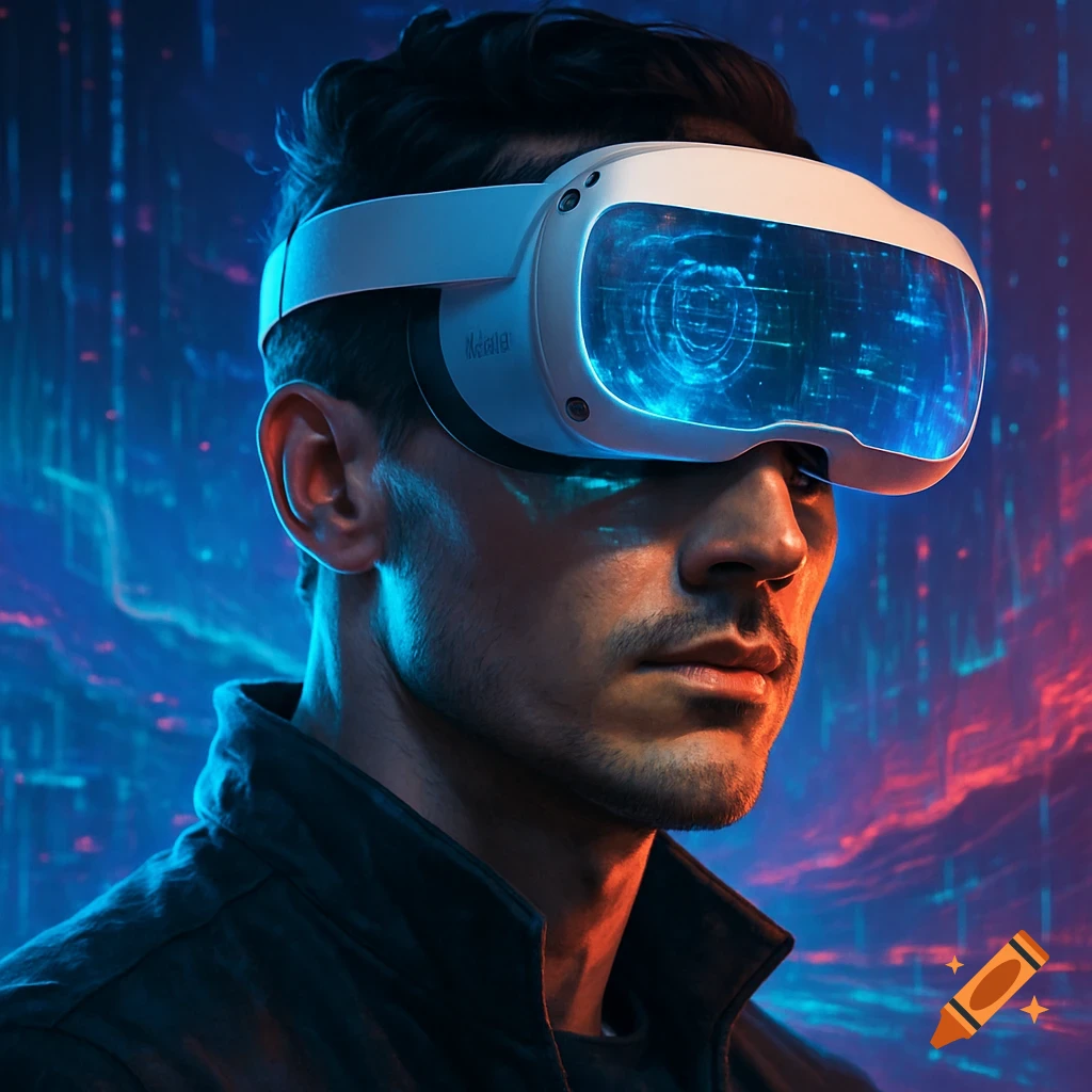 A man wearing a white VR headset with glowing blue screens, against a dark, futuristic background with blue and red digital patterns. Photorealistic style.
