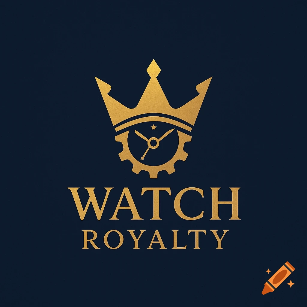 Gold crown logo with a watch gear and hands, above the text 'WATCH ROYALTY' on a dark blue background.