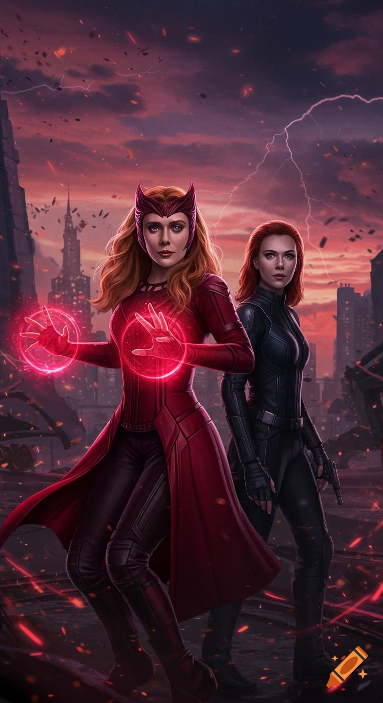 Digital art of Scarlet Witch with glowing red hands and Black Widow in a ruined, stormy city with lightning.