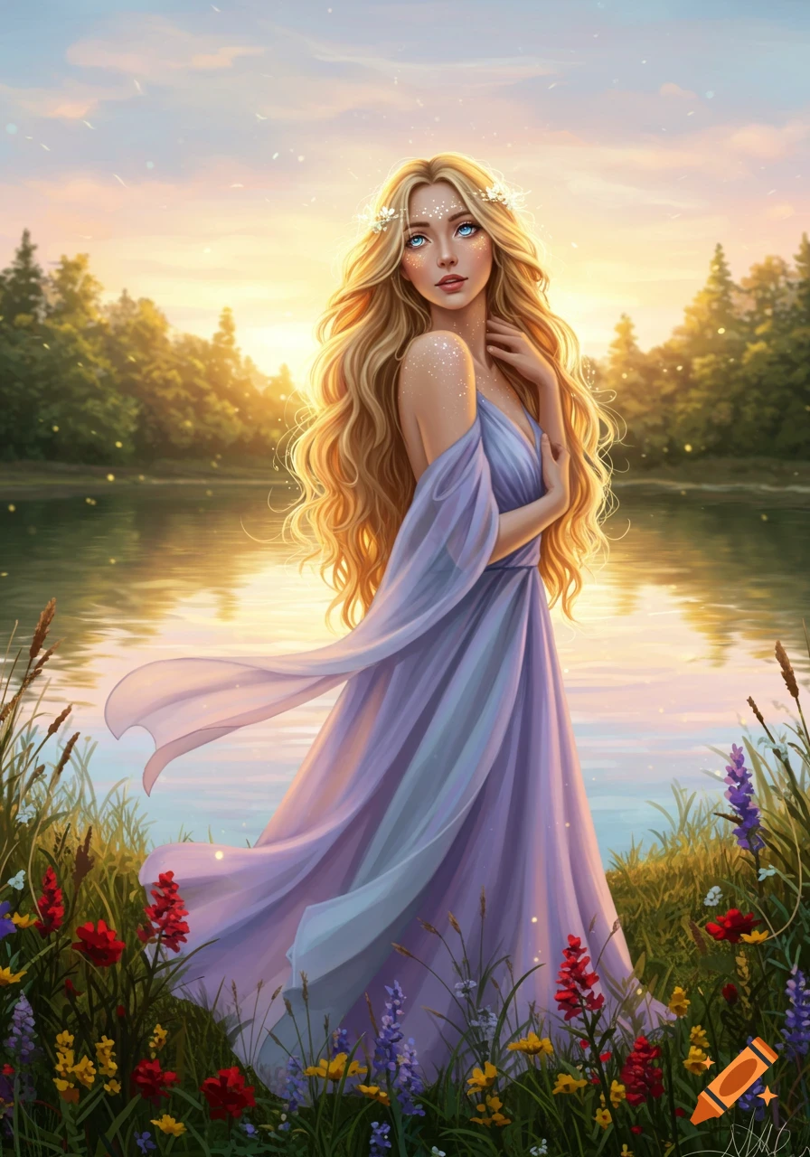 A beautiful blonde woman in a flowing purple dress stands by a lake at sunset, surrounded by colorful flowers. Digital illustration.