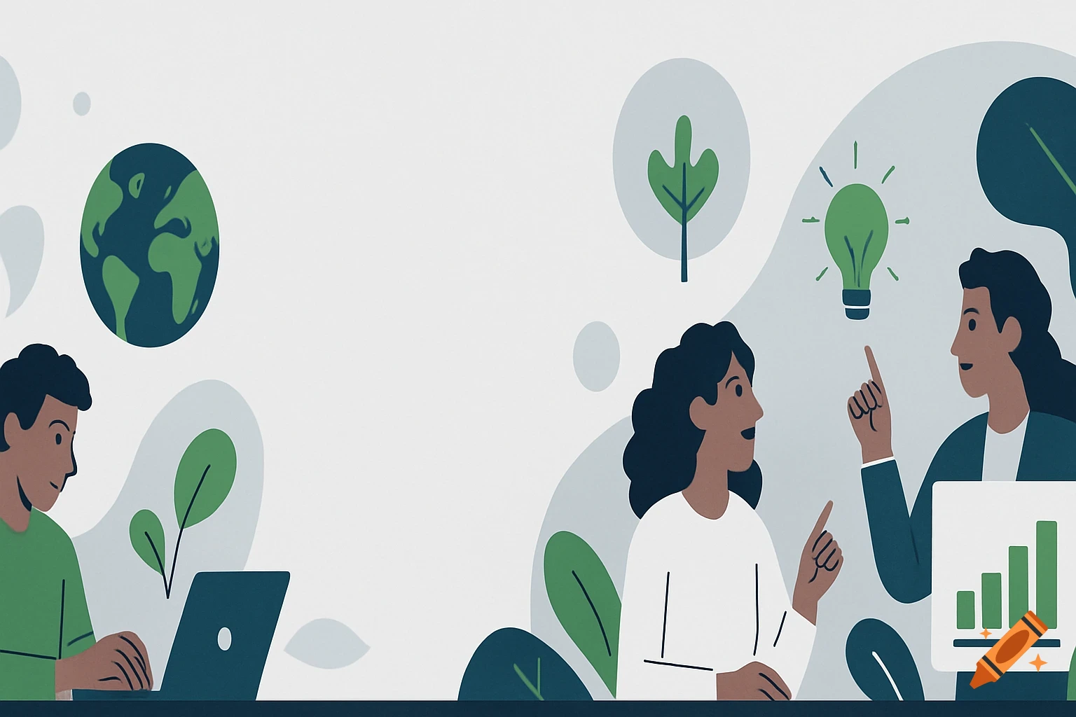 An illustration of people collaborating on laptops, with a globe, leaves, and a lightbulb, representing sustainability and ideas.