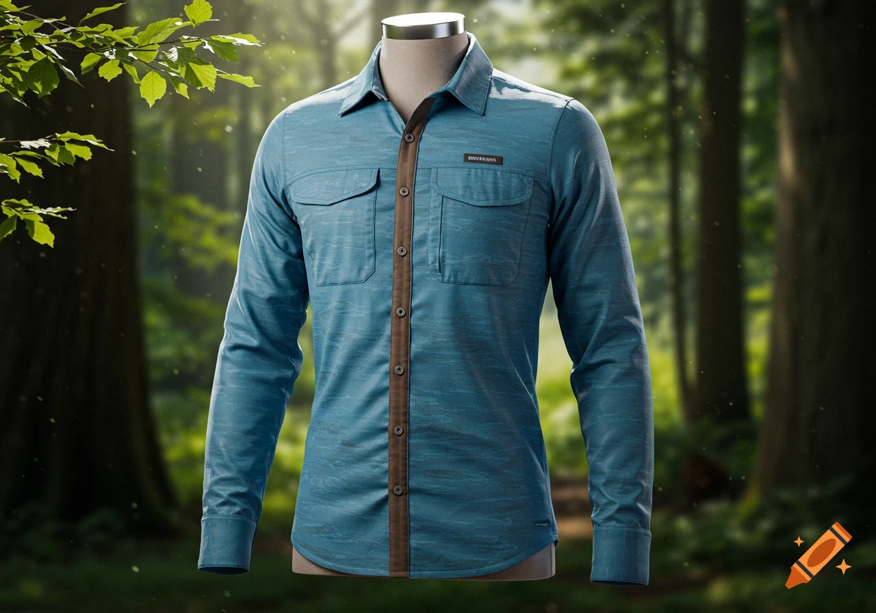 A blue and brown long-sleeve outdoor shirt on a mannequin in a sunlit forest.