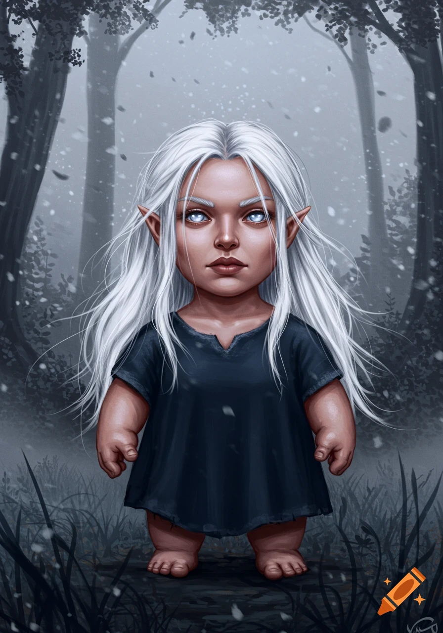 A short, stocky fantasy character with long white hair and bright blue eyes stands in a misty forest, digital illustration.