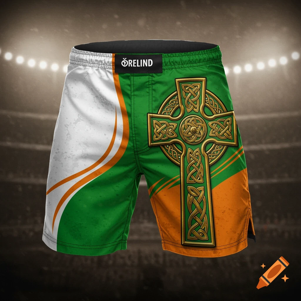 MMA shorts in Irish flag colors with a gold Celtic cross design.