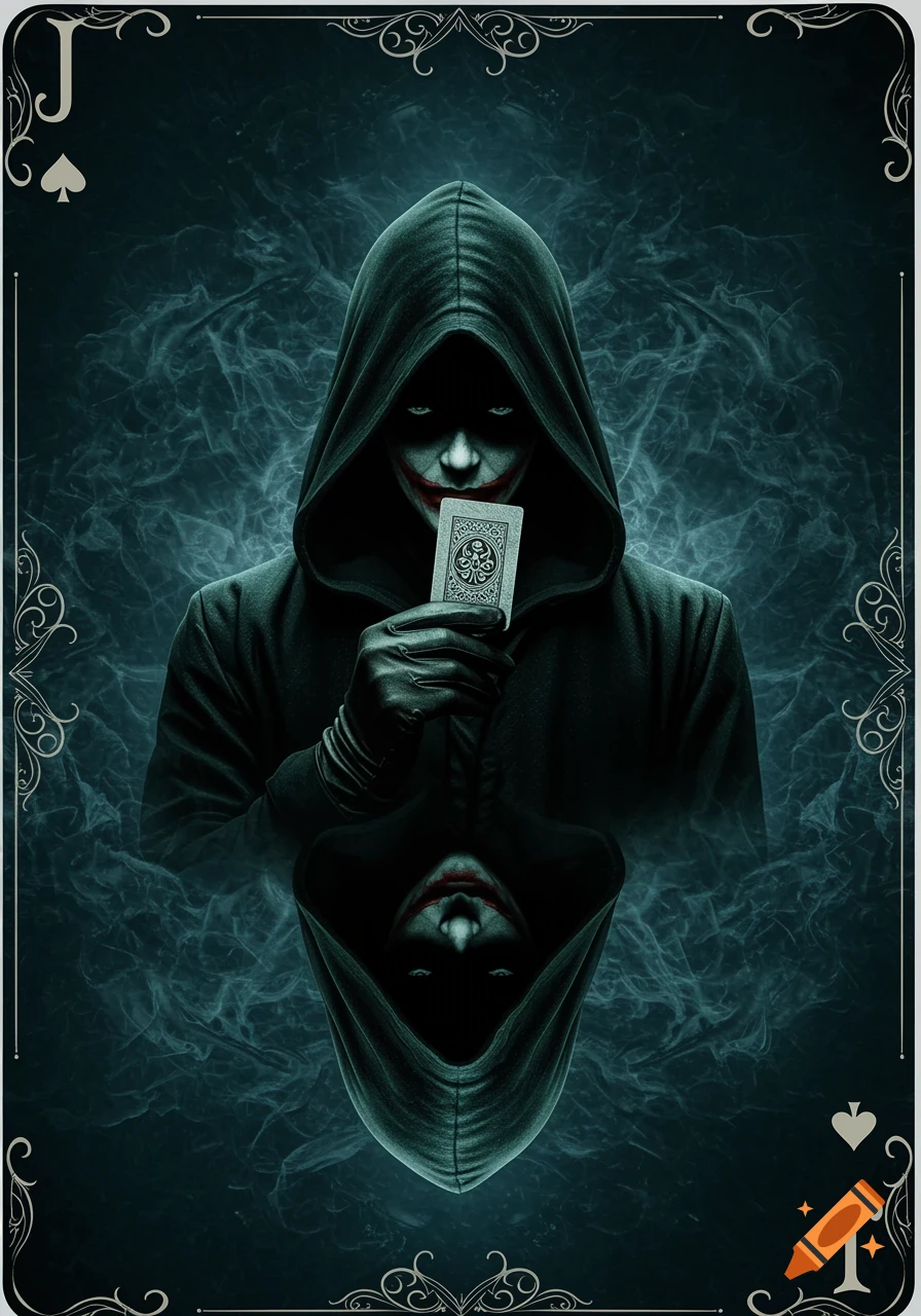 A dark, ominous hooded figure with a distorted smile holds a playing card, depicted as a Jack of Spades.