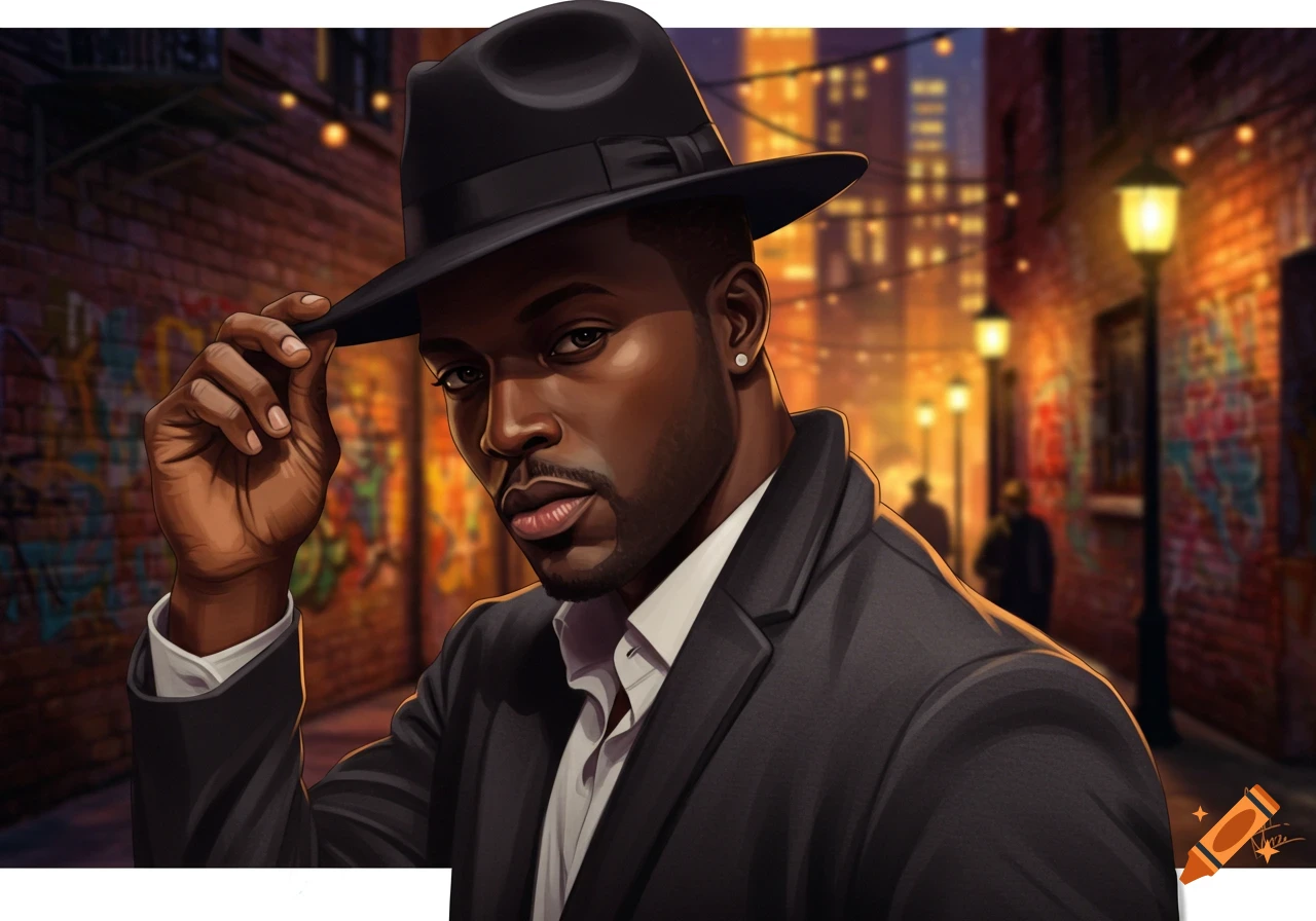 A man in a black hat and suit tips his hat in a dimly lit, graffiti-covered alleyway with city lights in the background, in an illustrated style.
