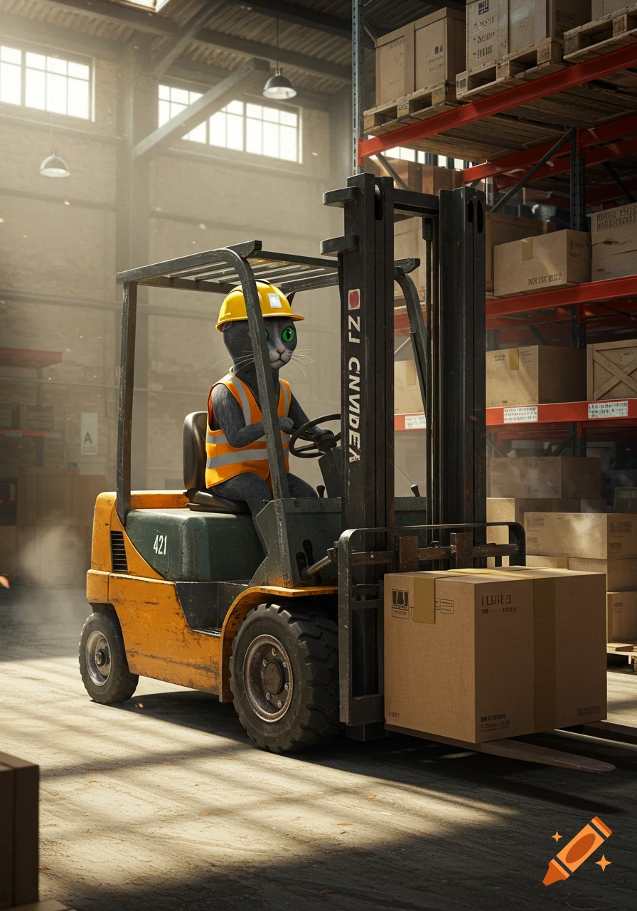 A grey cat wearing a yellow hard hat and orange safety vest drives a yellow forklift carrying a box in a dusty warehouse.