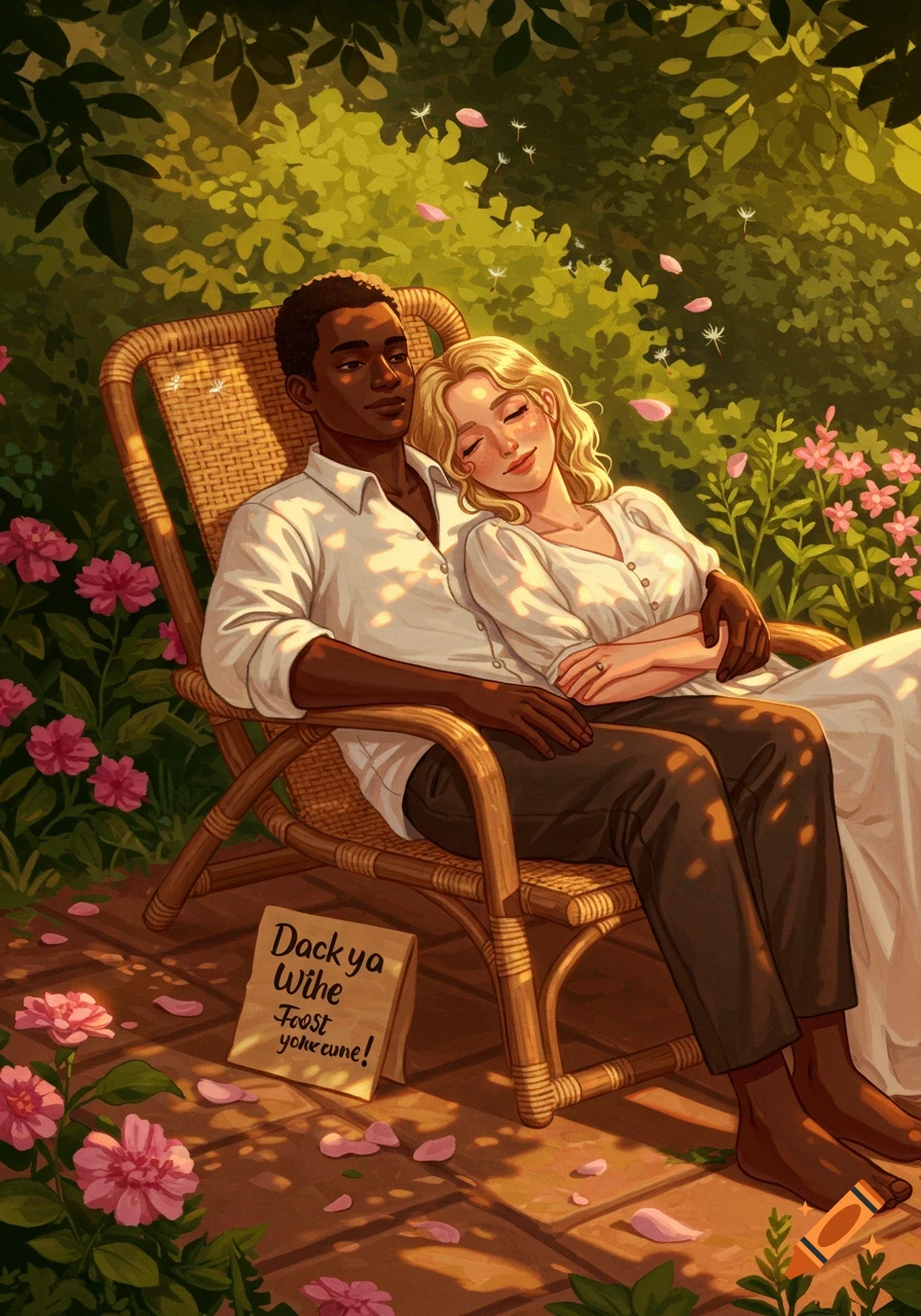An illustration of a diverse couple relaxing in a rattan chair in a sunlit garden, surrounded by flowers and falling petals.