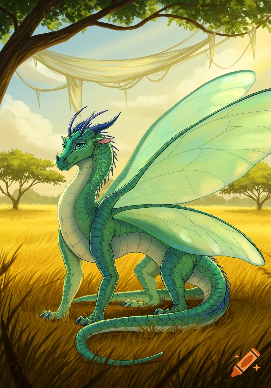 A vibrant green dragon with large, translucent butterfly wings and teal horns stands in a golden savanna.