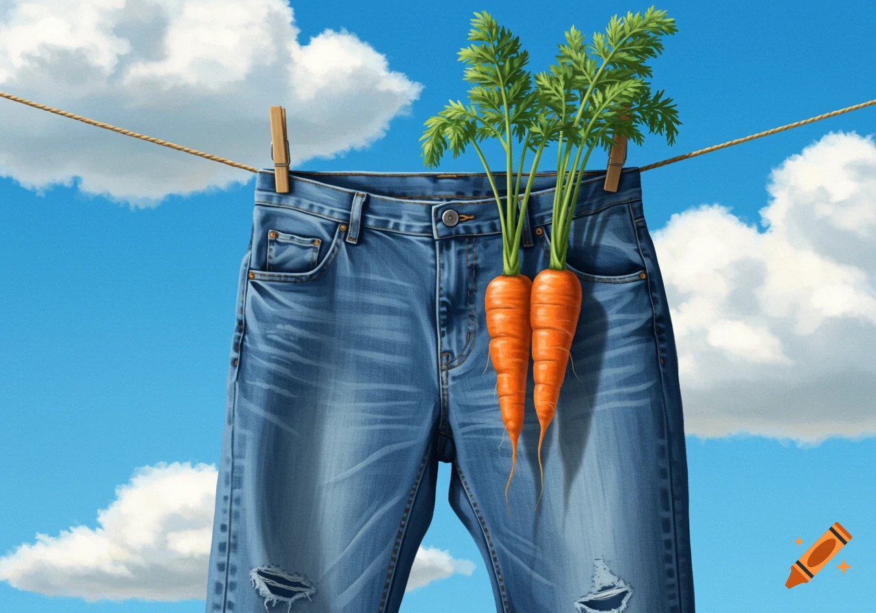 Two large orange carrots with green tops hanging from the waist of a pair of blue jeans on a clothesline under a bright blue sky with clouds.