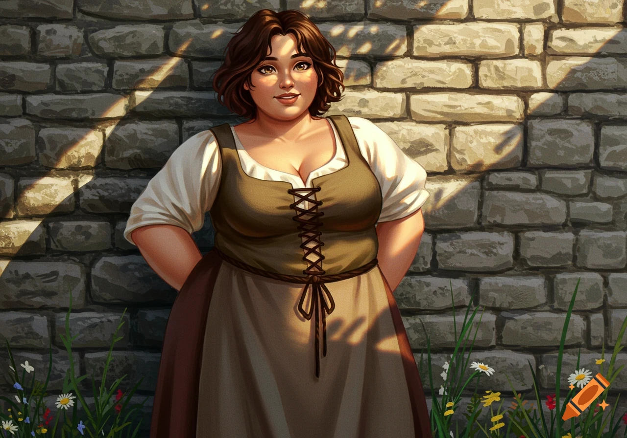 Stylized illustration of a smiling chubby woman in a medieval peasant dress standing in front of a stone wall with wildflowers.