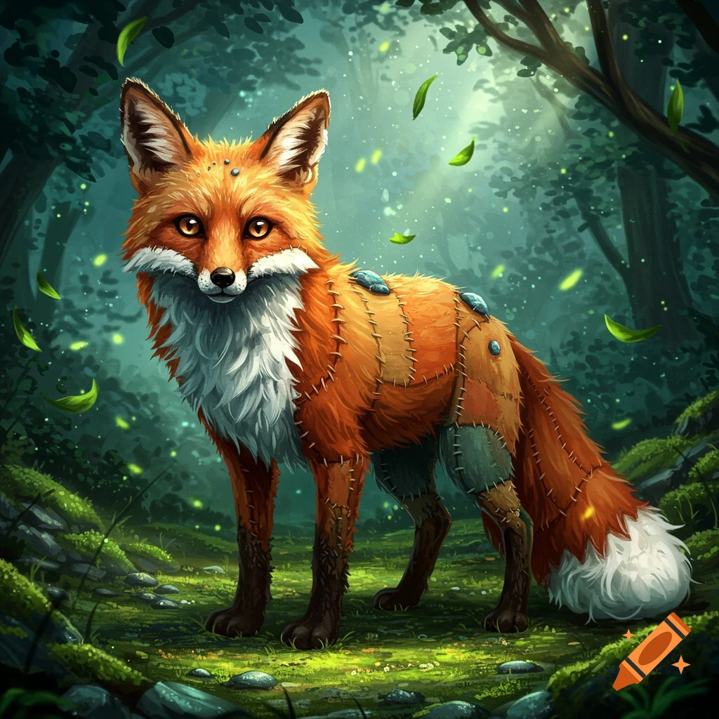 A fantastical stitched-together fox with stone patches stands in a magical forest with glowing particles and floating leaves.