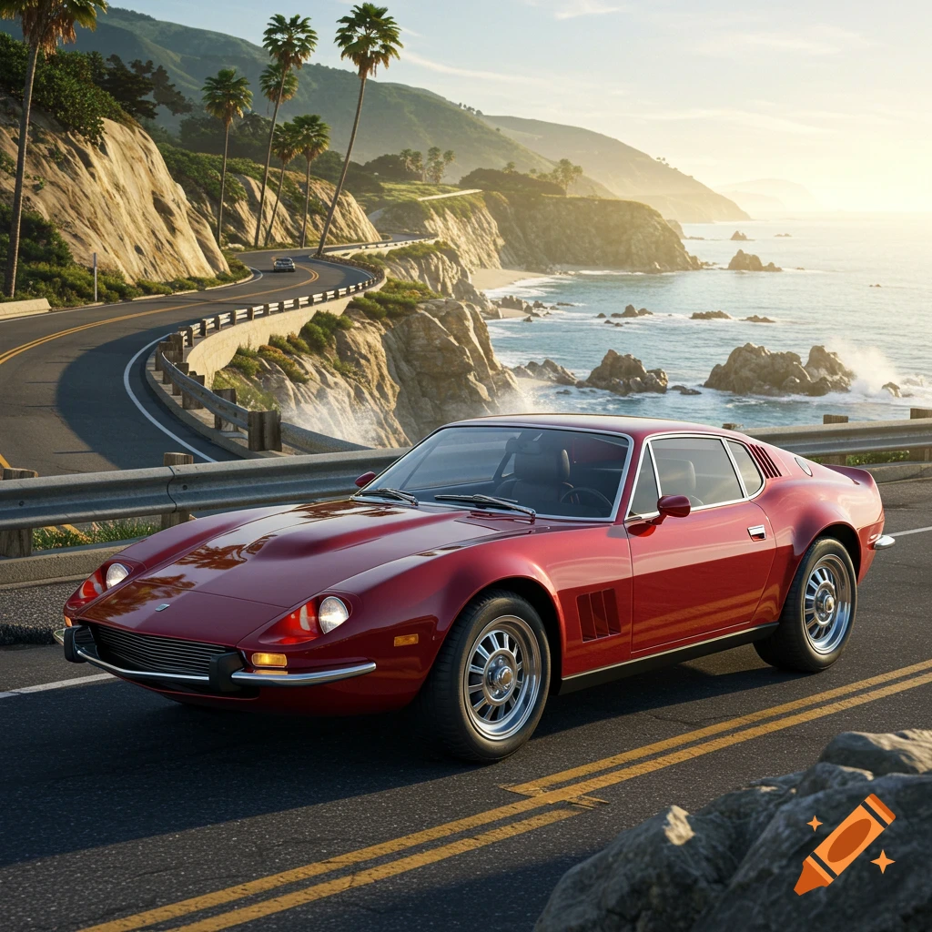 A red classic sports car drives along a scenic coastal highway overlooking the ocean at sunset.