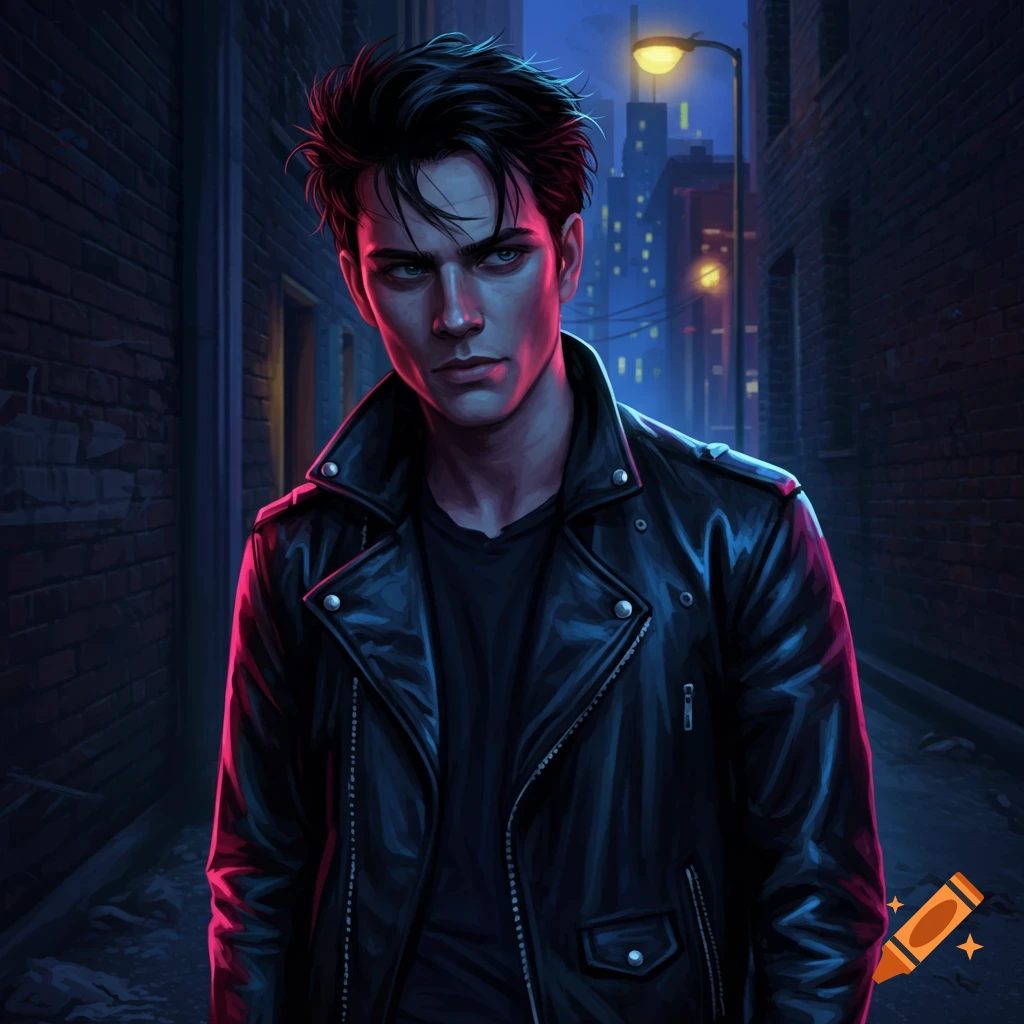 An illustrated portrait of a young man in a leather jacket standing in a dark city alley at night with neon lighting.